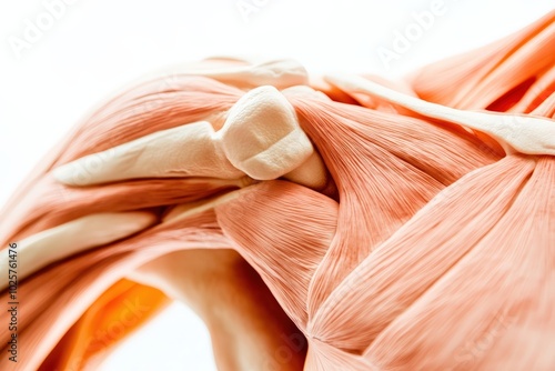 Close-up of a human shoulder joint with exposed muscles and tendons, anatomical illustration