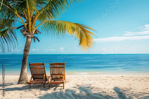 Hammock on the beach with palm trees and blue sky background