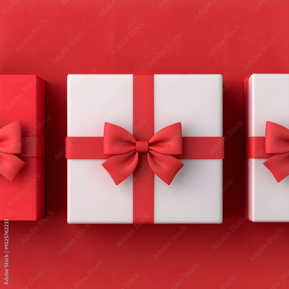 Elegant gift boxes with red ribbons on a festive background Elegant gift boxes with red ribbons on a festive background