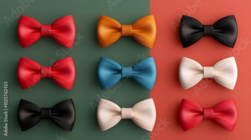 Colorful collection of stylish bow ties on contrasting backgrounds