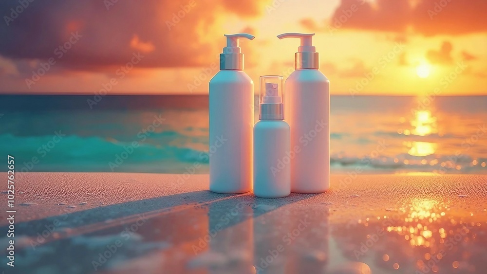 Beauty products on a sandy beach at sunset Beauty products on a sandy beach at sunset