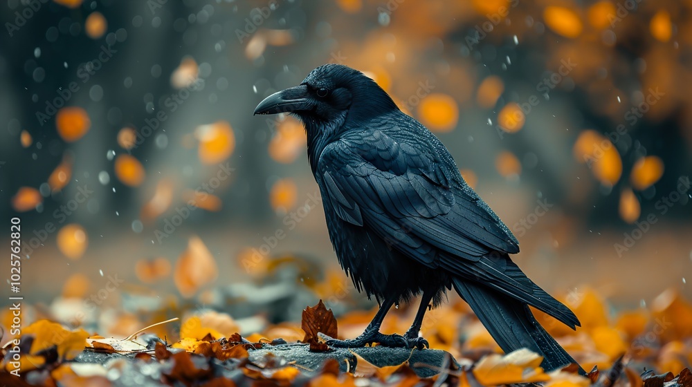 Fototapeta premium Black Crow Perched on Fallen Leaves in Autumn