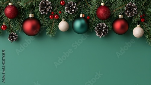 Festive Christmas decorations with ornaments and pinecones