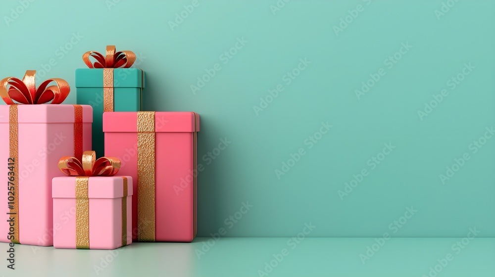 Colorful gift boxes with ribbons on a teal background