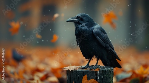 Black Crow Perched on a Tree Stump in Autumn photo