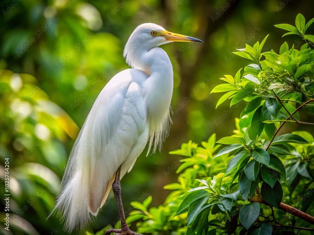 Majestic White Bird Perched Gracefully on a Branch Surrounded by Lush Green Foliage in Nature Majestic White Bird Perched Gracefully on a Branch Surrounded by Lush Green Foliage in Nature