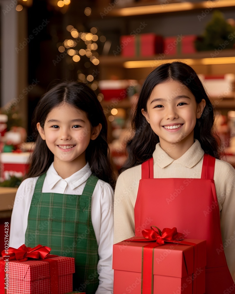Cheerful girls with Christmas gifts in festive setting Cheerful girls with Christmas gifts in festive setting