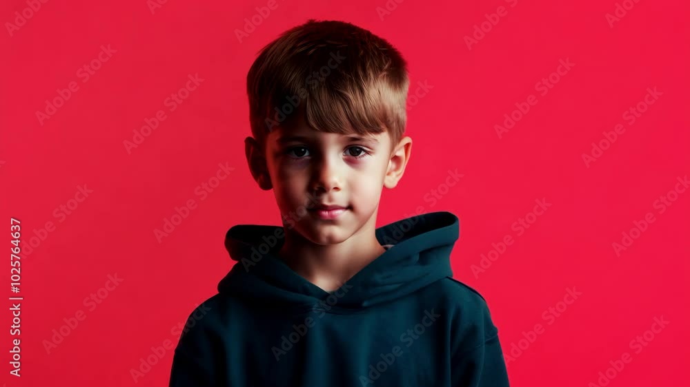 Young boy in hoodie against red background expressing confidence and style Young boy in hoodie against red background expressing confidence and style
