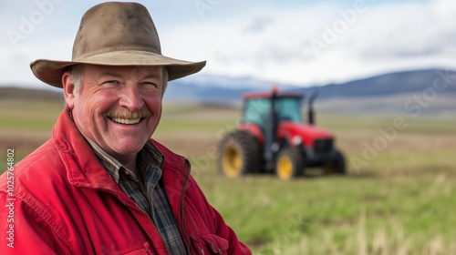 Smiling farmer in red jacket, tractor in background, green field, mountains