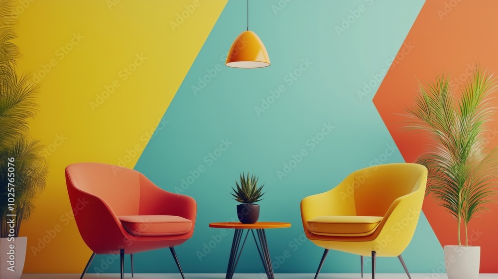 Colorful modern living room with vibrant chairs and geometric wall design Colorful modern living room with vibrant chairs and geometric wall design
