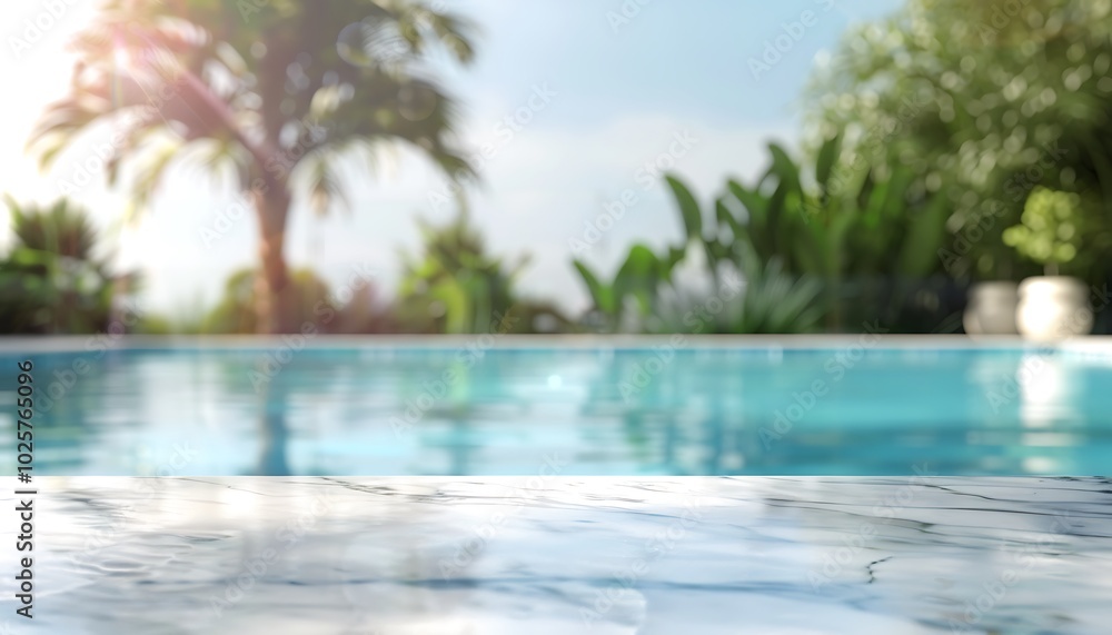 Wooden table in swimming pool with blurred background Wooden table in swimming pool with blurred background