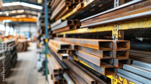 Stacked Rusty Metal Beams in a Warehouse