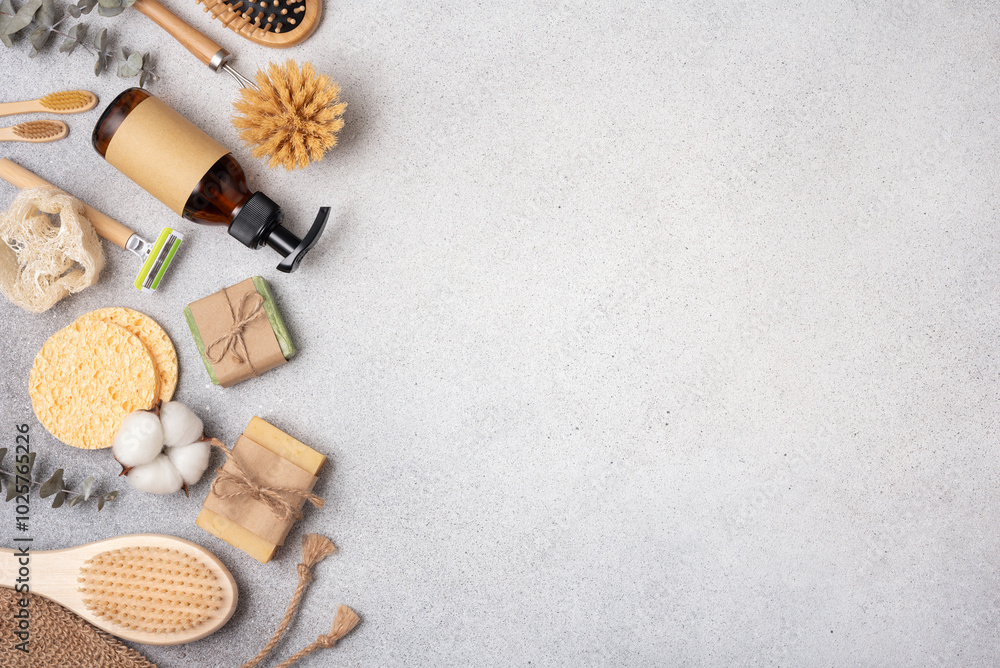 Aesthetic flat lay of eco-friendly body care, bath and beauty products including bamboo brushes, soap, and glass bottles Aesthetic flat lay of eco-friendly body care, bath and beauty products including bamboo brushes, soap, and glass bottles