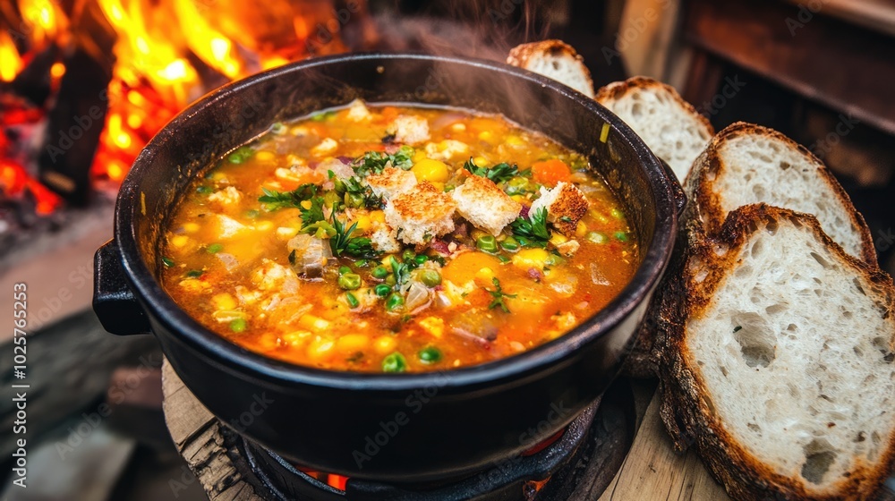 Delicious vegetable soup with croutons warms the heart by a welcoming fireplace Delicious vegetable soup with croutons warms the heart by a welcoming fireplace
