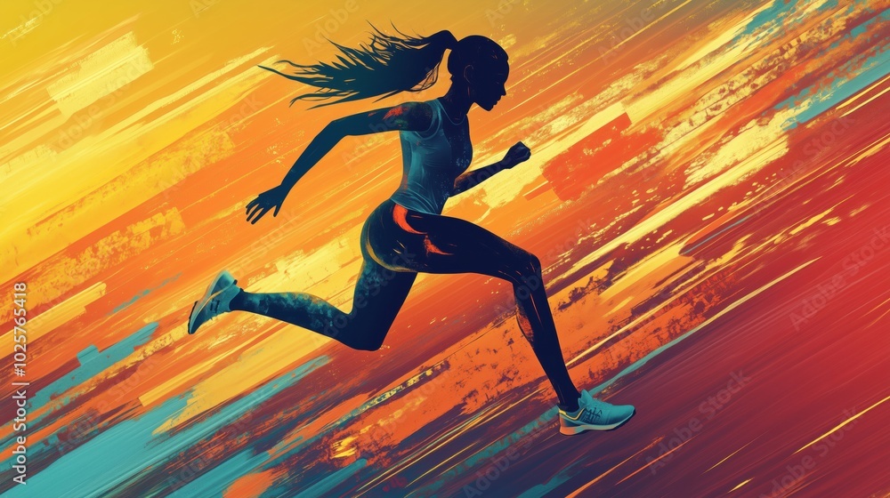 Running silhouette against vibrant abstract background, dynamic motion, athleticism Running silhouette against vibrant abstract background, dynamic motion, athleticism