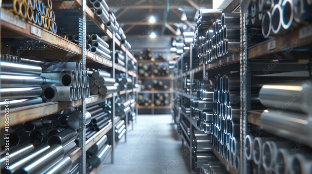 Naklejka premium Rows of Metal Pipes Stacked in a Warehouse