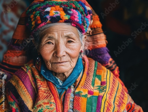 A colorful portrait of an elderly woman wearing traditional attire, showcasing intricate patterns and vibrant colors, reflecting rich cultural heritage and craftsmanship.