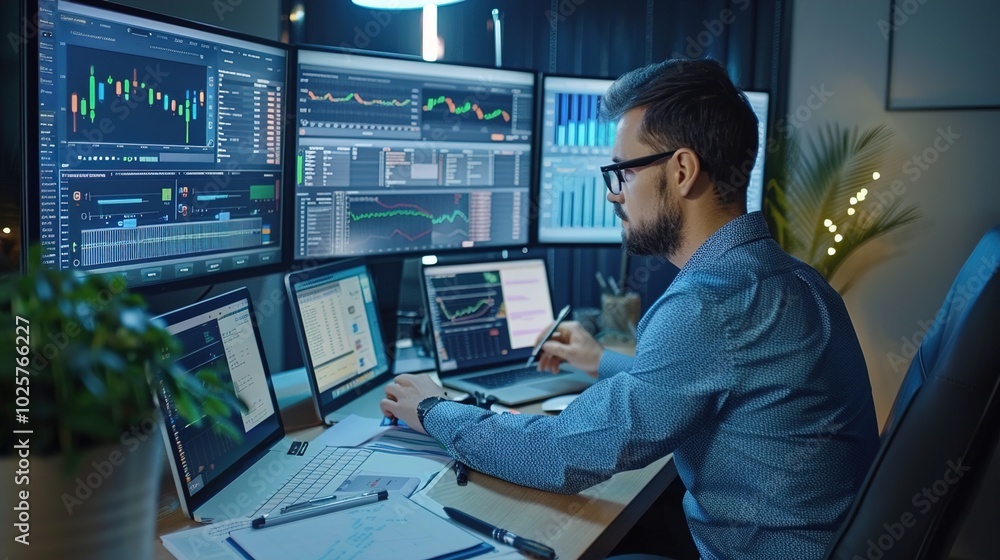 A content marketing strategist working on a blog post, with SEO tools, keyword research data, and analytics on multiple screens. A content marketing strategist working on a blog post, with SEO tools, keyword research data, and analytics on multiple screens.
