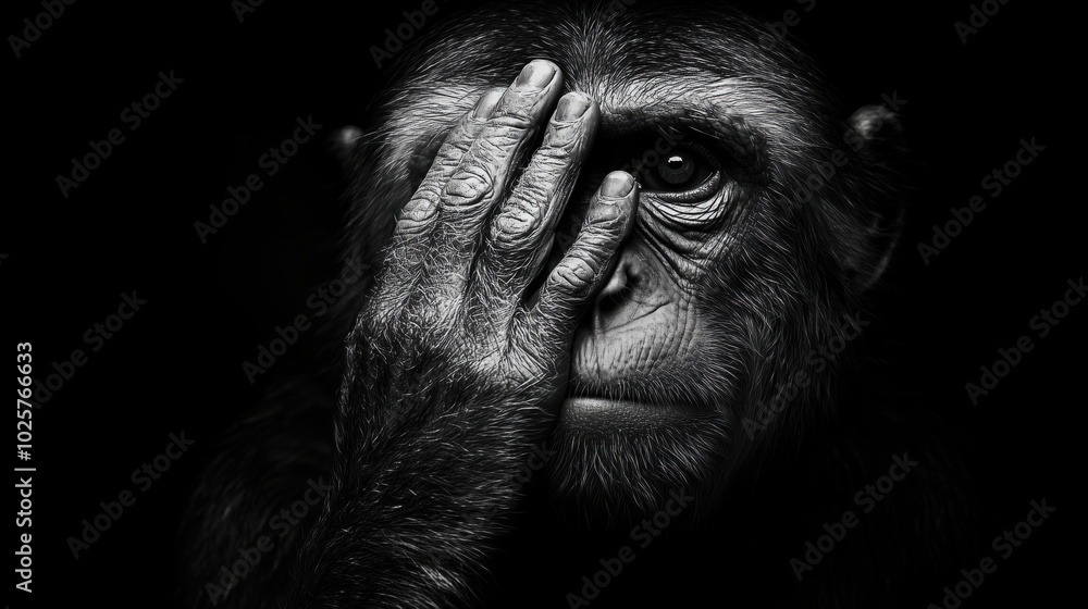 Monkey covering face with hand, expressive gaze, black and white portrait Monkey covering face with hand, expressive gaze, black and white portrait