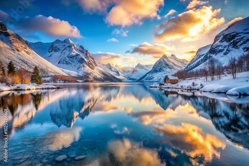 Majestic Winter Norway Lake Landscape with Snow-Covered Mountains and Tranquil Reflection in Crystal-Clear Water