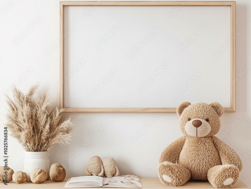 Cozy nursery scene featuring a teddy bear, decorative vase, and a blank frame, perfect for children's room or home decor. Cozy nursery scene featuring a teddy bear, decorative vase, and a blank frame, perfect for children's room or home decor.