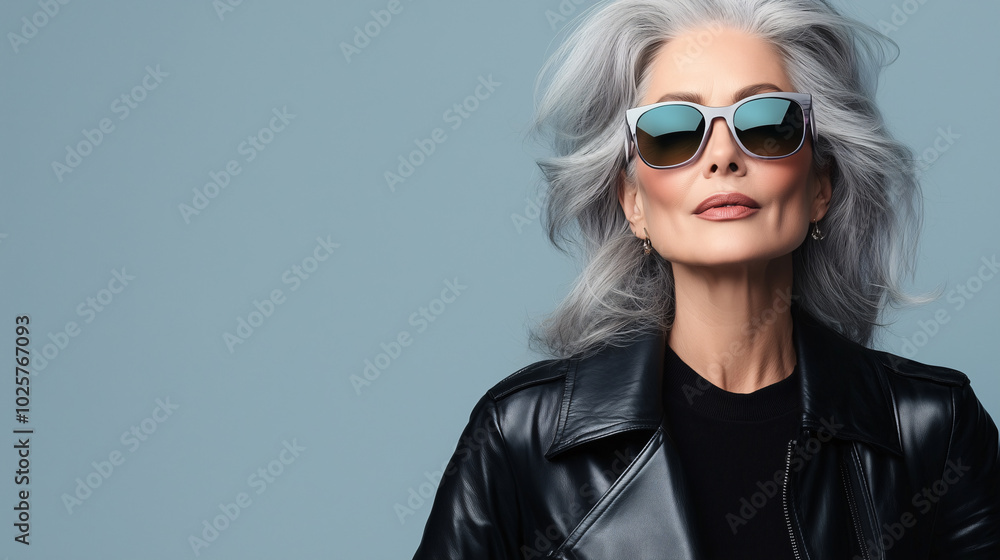 Stylish mature woman with grey hair and sunglasses wearing a black leather jacket Stylish mature woman with grey hair and sunglasses wearing a black leather jacket