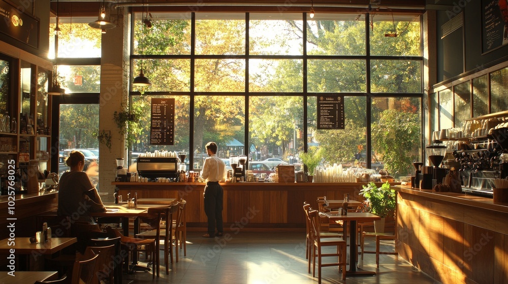 A cozy, sunlit cafe interior with warm wooden furniture and large windows letting in natural light, a barista preparing coffee behind the counter, and a few customers enjoying their drinks in the A cozy, sunlit cafe interior with warm wooden furniture and large windows letting in natural light, a barista preparing coffee behind the counter, and a few customers enjoying their drinks in the