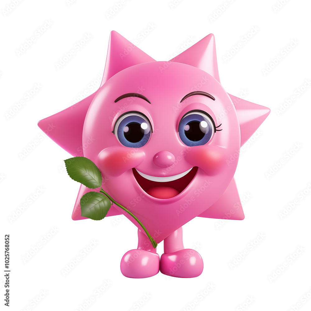 Cute Pink Smiling Sun Character Holding A Green Leaf Cute Pink Smiling Sun Character Holding A Green Leaf