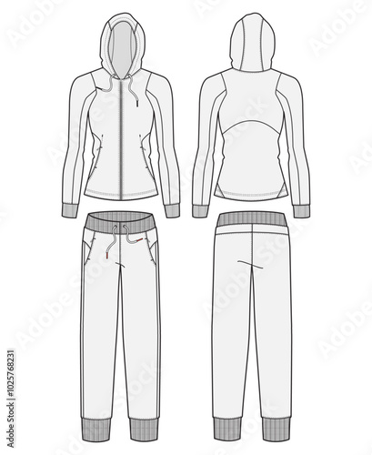 Women's Tracksuit jacket technical CAD fashion illustration front and back views	