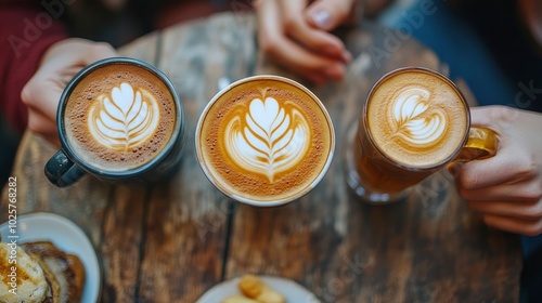 A group of friends laughing and chatting over coffee at a cafe, with their drinks and snacks laid out on a wooden table, creating a warm and inviting social scene