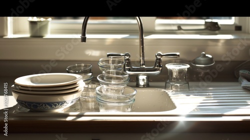 Kitchen Sink with Dishes, Glasses, and a Faucet in the Sunlight photo