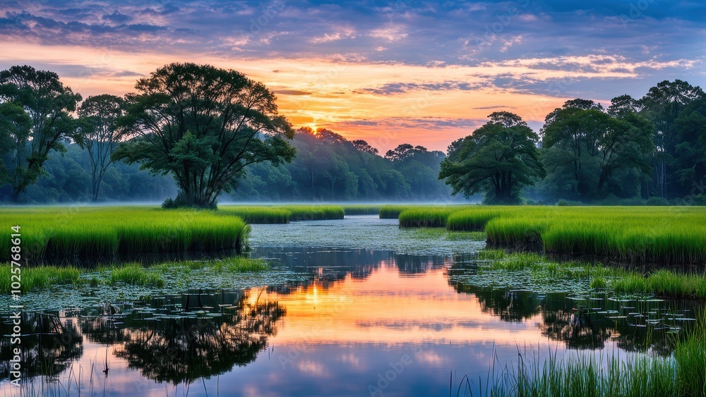 Obraz premium Serene sunset over a tranquil river surrounded by lush greenery and reflections.