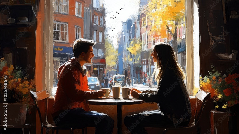 A couple sitting by the window in a cafe, holding hands over a table with two cups of coffee, as they enjoy the view of the street outside on a sunny afternoon A couple sitting by the window in a cafe, holding hands over a table with two cups of coffee, as they enjoy the view of the street outside on a sunny afternoon