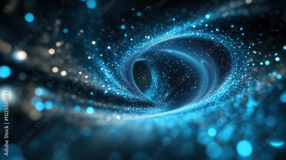 Cosmic vortex with glowing particles, swirling blue light and depth Cosmic vortex with glowing particles, swirling blue light and depth