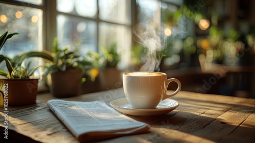 A steaming cup of black coffee on a wooden table, with a newspaper folded next to it, set in a cozy cafe with soft lighting and a calm atmosphere