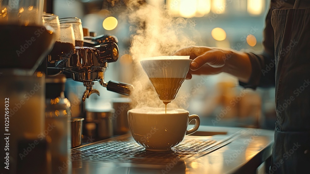 A barista preparing a pour-over coffee methodically, with a close-up of the process and the steam rising from the cup, set against a backdrop of a modern, stylish cafe A barista preparing a pour-over coffee methodically, with a close-up of the process and the steam rising from the cup, set against a backdrop of a modern, stylish cafe