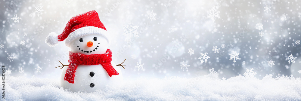 A snowman wearing a red scarf and a red hat. The snowman is smiling and he is happy A snowman wearing a red scarf and a red hat. The snowman is smiling and he is happy