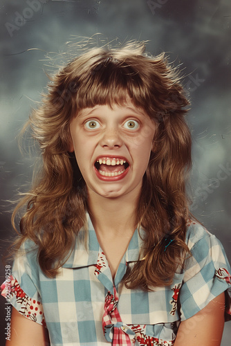 people of ai // yearbook school photo of unattractive girl making a surprised face, unruly hair, 1980s style, excited, photorealistic