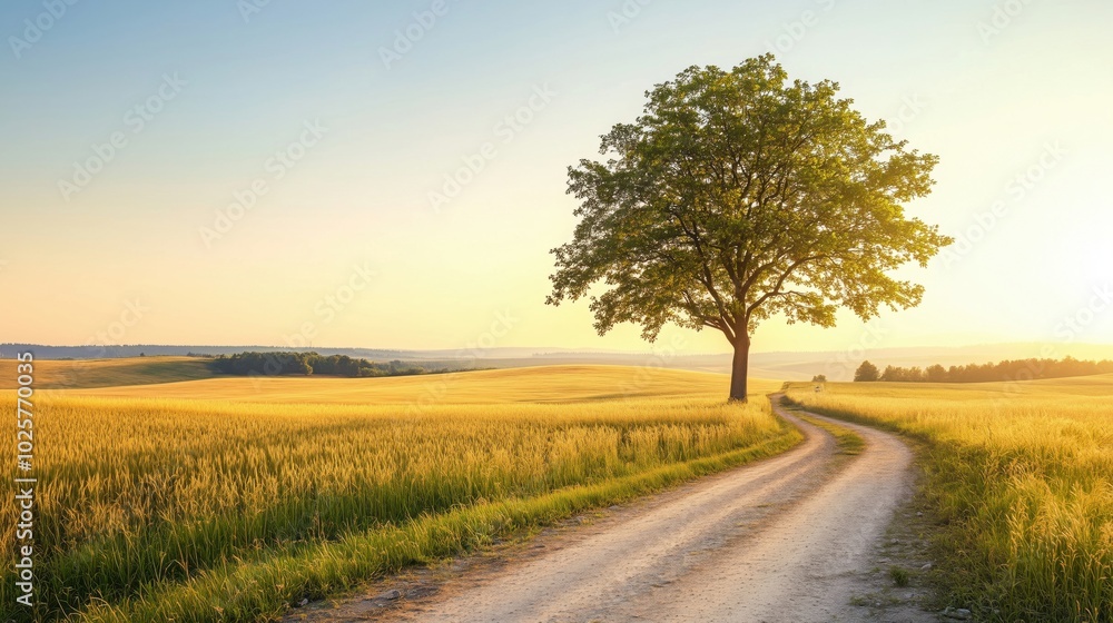Serene landscape with tree, golden fields, winding dirt road, sunset glow Serene landscape with tree, golden fields, winding dirt road, sunset glow