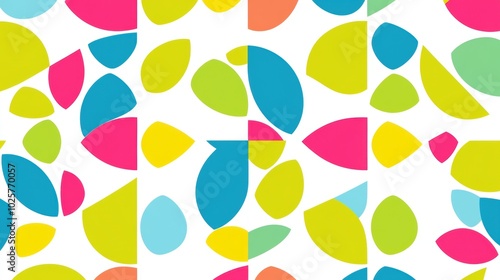 Colorful abstract shapes in a playful pattern on a white background.