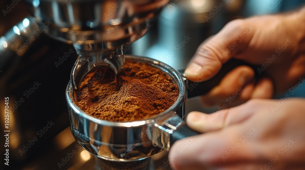 A close-up of a barista's hands as they tamp down coffee grounds in a portafilter, with the rich aroma of freshly ground coffee filling the air in a bustling cafe A close-up of a barista's hands as they tamp down coffee grounds in a portafilter, with the rich aroma of freshly ground coffee filling the air in a bustling cafe