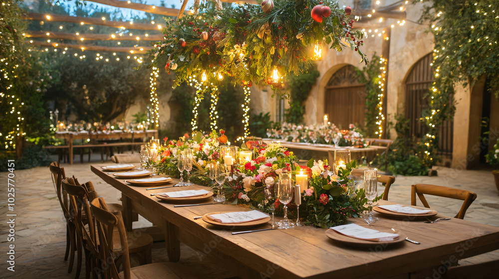 Obraz premium beautifully arranged festive table adorned with flowers, candles, and twinkling lights creates warm and inviting atmosphere for celebration. mistletoe hanging above adds charming touch to elegant