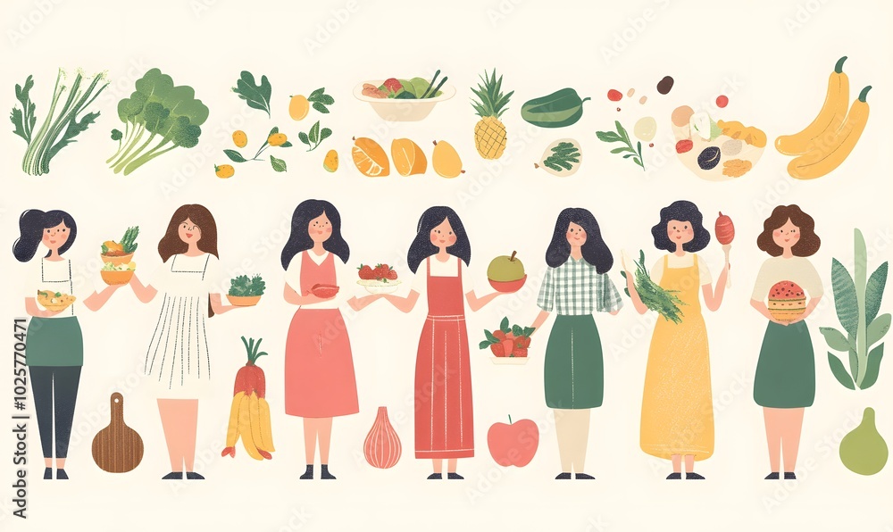 seamless pattern with vegetables,woman in a kitchen,girl with fruits,Healthy_Eating_Women_and_Various_Foods_minimal_simple, generation AI seamless pattern with vegetables,woman in a kitchen,girl with fruits,Healthy_Eating_Women_and_Various_Foods_minimal_simple, generation AI