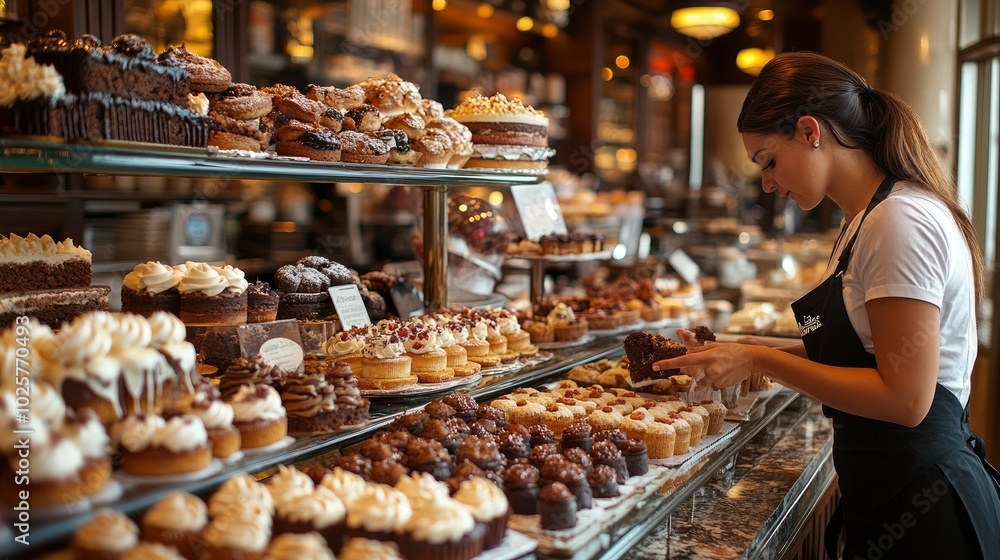 A cafe's dessert counter displaying an array of cakes, pastries, and cookies, with a customer leaning in to make a selection, surrounded by the warm, inviting ambiance of the cafe A cafe's dessert counter displaying an array of cakes, pastries, and cookies, with a customer leaning in to make a selection, surrounded by the warm, inviting ambiance of the cafe