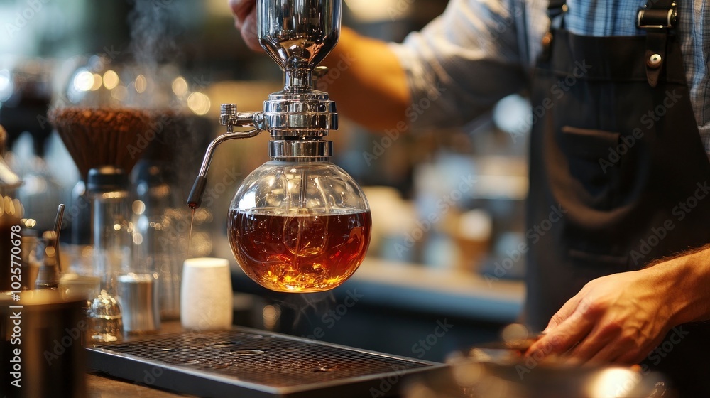 A barista brewing coffee using a siphon method, with the intricate process captured in detail, showcasing the art of coffee making in a stylish, contemporary cafe