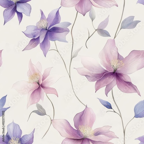 Delicate watercolor columbines in soft pinks and purples, arranged gently on a light gray background, seamless design