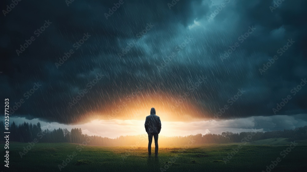 A person standing in the rain, with dark clouds overhead, symbolizing a gloomy and negative outlook. A person standing in the rain, with dark clouds overhead, symbolizing a gloomy and negative outlook.