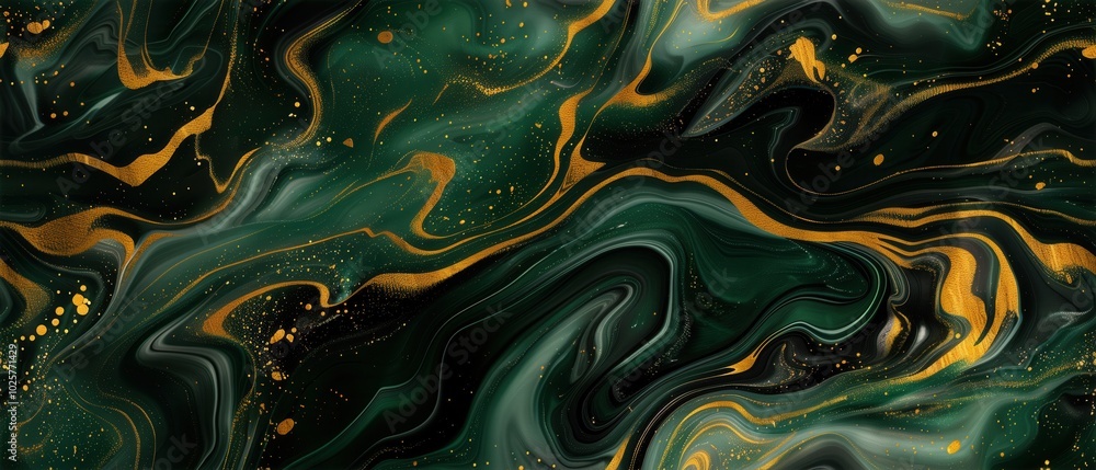 Abstract background featuring a swirling marble texture in forest green, gold, and black colors. An elegant fluid art pattern, perfect for modern luxury design backdrops, banners, or wallpapers. Abstract background featuring a swirling marble texture in forest green, gold, and black colors. An elegant fluid art pattern, perfect for modern luxury design backdrops, banners, or wallpapers.
