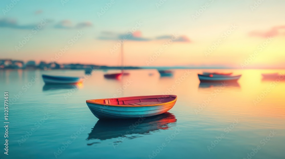 Harbor city at dawn, boats and calm waters, 3D illustration Harbor city at dawn, boats and calm waters, 3D illustration