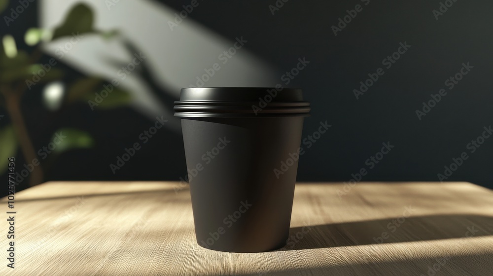 Black Coffee Cup with Soft Shadows on Wooden Surface.
Black Coffee Cup with Soft Shadows on Wooden Surface.
